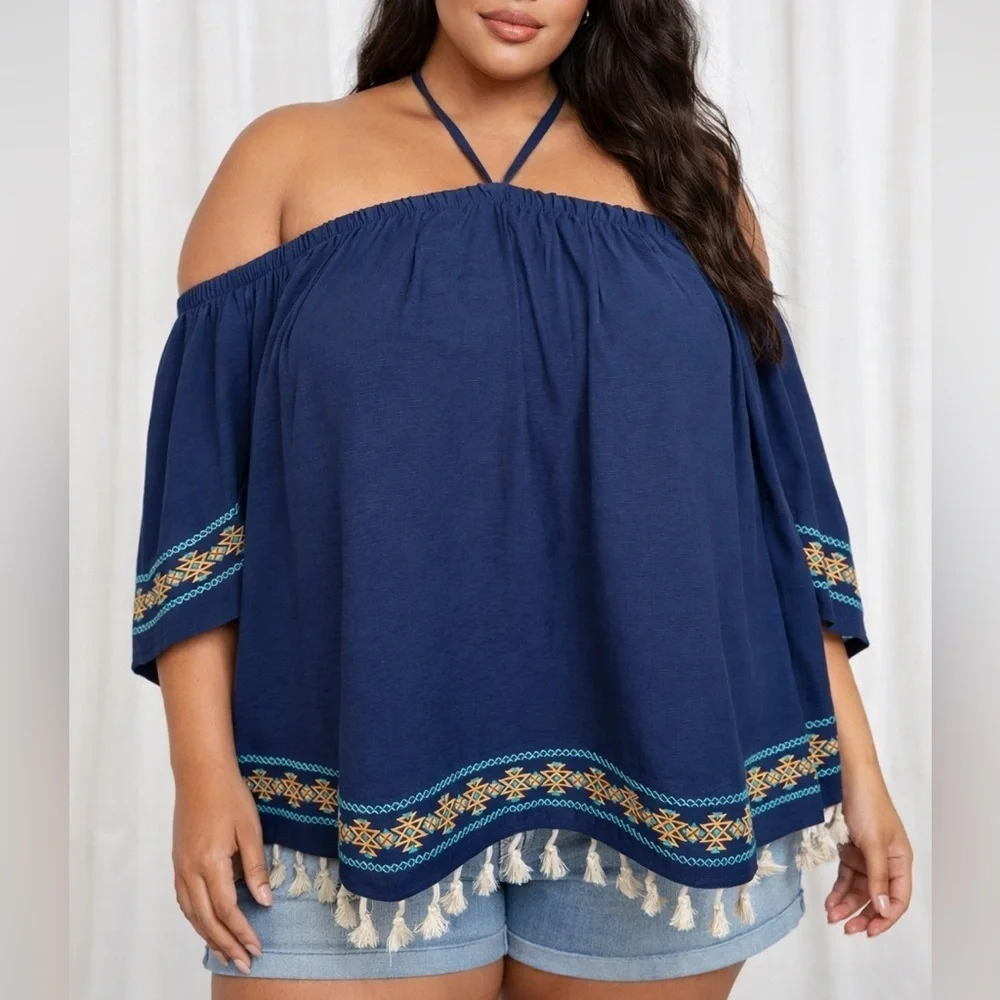 Hayden Los Angeles Navy Boho Off-Shoulder Top | Embroidered Tassel Hem (1163)